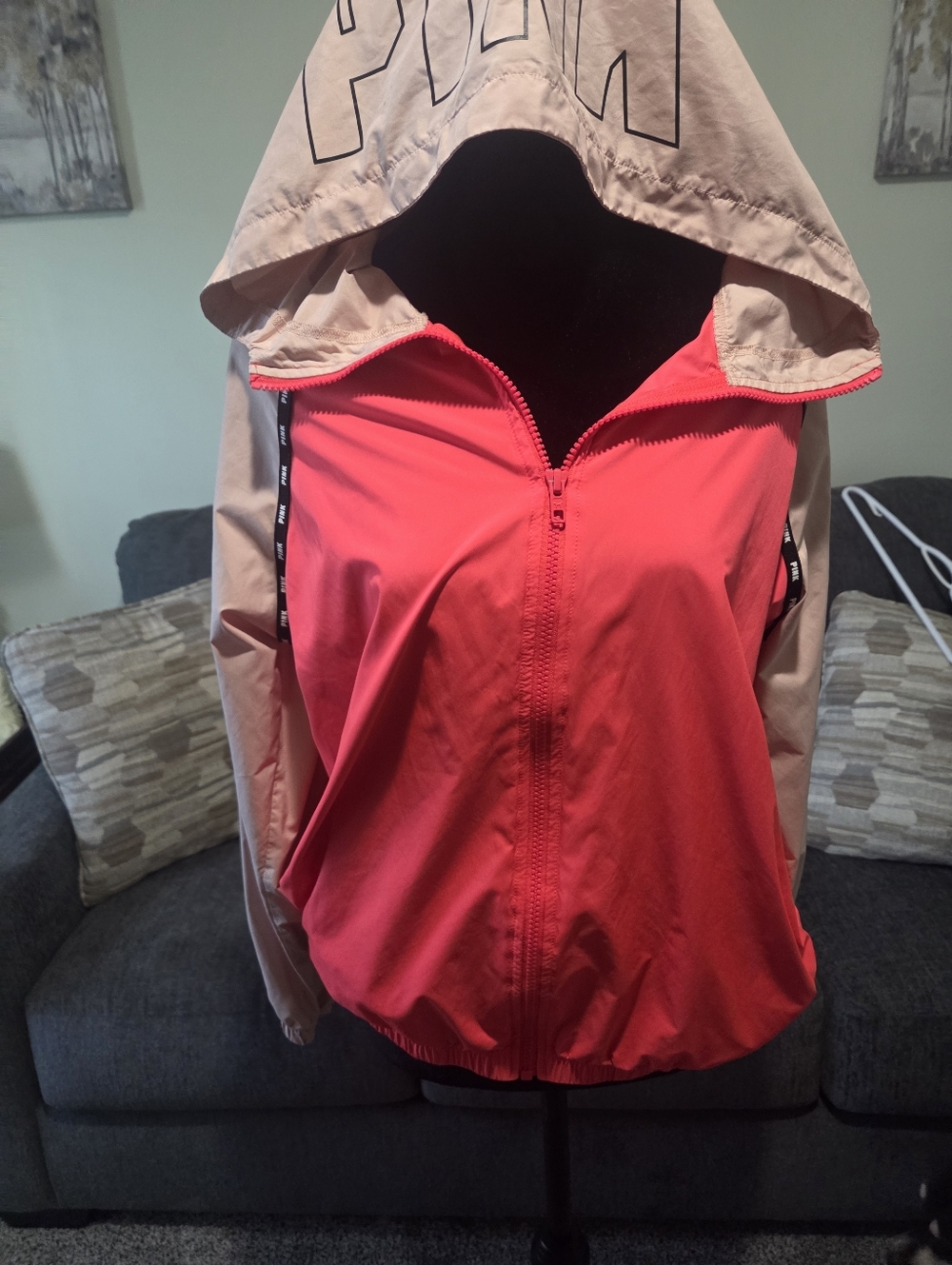 PINK Victoria's Secret Two-Tone Hooded Bomber Jacket - Bright Pink & Beige